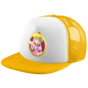 Princess Peach Toadstool, Adult Soft Trucker Hat with Yellow/White Mesh (POLYESTER, ADULT, UNISEX, ONE SIZE)