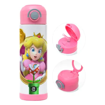 Princess Peach Toadstool, Children's hot water bottle, stainless steel, with safety straw, PINK (500ml)