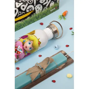 Princess Peach Toadstool, Easter Set, metallic silver aluminum water bottle (500ml) & scented flat Easter candle (30cm) (TURQUOISE)