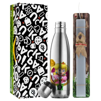 Princess Peach Toadstool, Easter Set, metallic stainless thermos flask (500ml) & scented flat Easter candle (30cm) (GRAY)