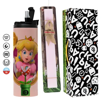 Princess Peach Toadstool, Easter candle,Travel Tumbler 2 Lids, with metal straw & cleaning brush & aromatic flat candle (30cm) (PINK)