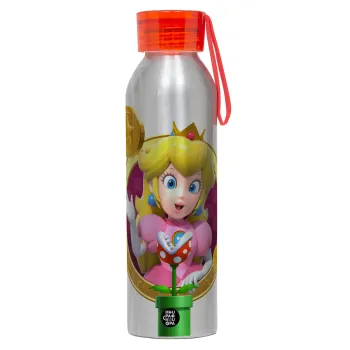 Princess Peach Toadstool, Αλουμινένιο Αθλητικό Μπουκάλι 650ml – Ασημί με Κόκκινο Καπάκι και Λουράκι Σιλικόνης