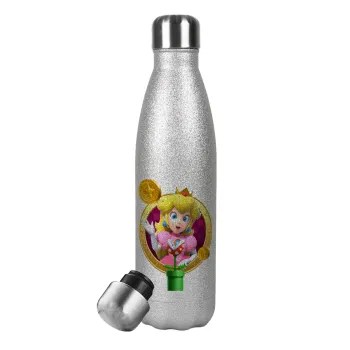 Princess Peach Toadstool, Μεταλλικό παγούρι θερμός Glitter Aσημένιο (Stainless steel), διπλού τοιχώματος, 500ml