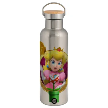 Princess Peach Toadstool, Stainless steel Silver with wooden lid (bamboo), double wall, 750ml