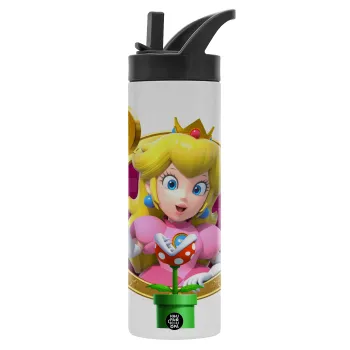 Princess Peach Toadstool, Μεταλλικό παγούρι θερμός με καλαμάκι & χειρολαβή, ανοξείδωτο ατσάλι (Stainless steel 304), διπλού τοιχώματος, 600ml