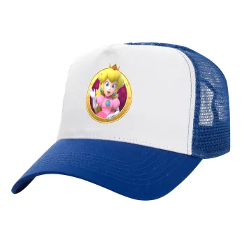 Princess Peach Toadstool, Adult Structured Trucker Hat, with Mesh, WHITE/BLUE (100% COTTON, ADULT, UNISEX, ONE SIZE)