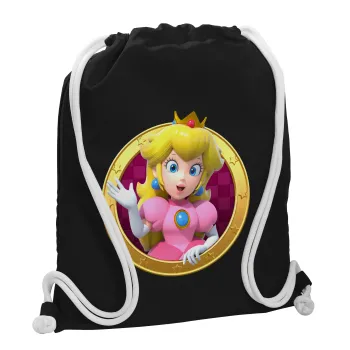 Princess Peach Toadstool, Τσάντα πλάτης πουγκί GYMBAG Μαύρη, με τσέπη (40x48cm) & χονδρά λευκά κορδόνια