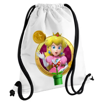 Princess Peach Toadstool, Τσάντα πλάτης πουγκί GYMBAG λευκή, με τσέπη (40x48cm) & χονδρά κορδόνια