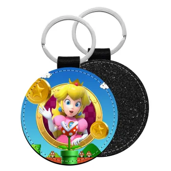 Princess Peach Toadstool, Μπρελόκ Δερματίνη, στρογγυλό ΜΑΥΡΟ (5cm)
