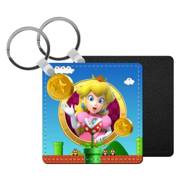 Princess Peach Toadstool, Μπρελόκ Δερματίνη, τετράγωνο ΜΑΥΡΟ (5x5cm)