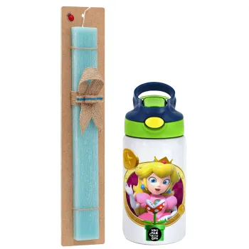 Princess Peach Toadstool, Easter Set, Children's thermal stainless steel bottle with safety straw, green/blue (350ml) & aromatic flat Easter candle (30cm) (TURQUOISE)