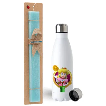 Princess Peach Toadstool, Easter Set, metallic stainless steel water bottle (750ml) & aromatic flat Easter candle (30cm) (TURQUOISE)