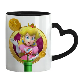 Princess Peach Toadstool, Κούπα καρδιά χερούλι μαύρη, κεραμική, 330ml