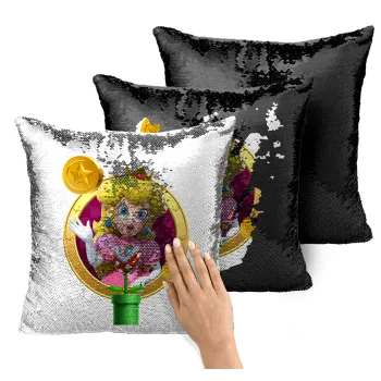 Princess Peach Toadstool, Μαξιλάρι καναπέ Μαγικό Μαύρο με πούλιες 40x40cm περιέχεται το γέμισμα