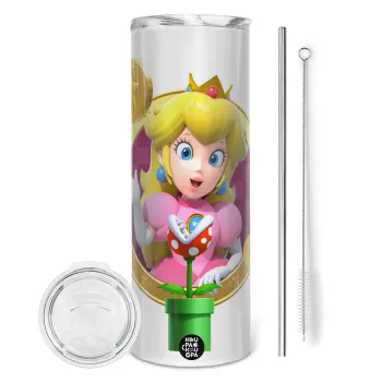 Princess Peach Toadstool, Tumbler ποτήρι θερμό από ανοξείδωτο ατσάλι 600ml, με μεταλλικό καλαμάκι & βούρτσα καθαρισμού
