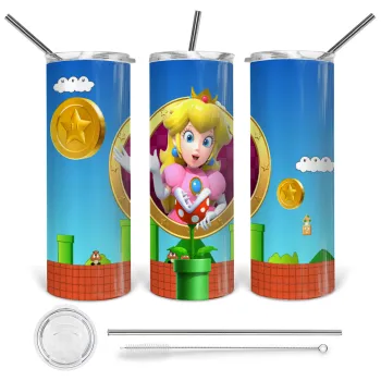 Princess Peach Toadstool, Tumbler ποτήρι θερμό από ανοξείδωτο ατσάλι 600ml, με μεταλλικό καλαμάκι & βούρτσα καθαρισμού