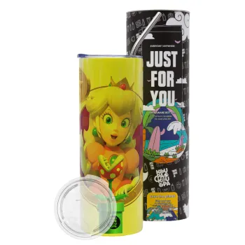 Princess Peach Toadstool, Neon Yellow Travel Tumbler θερμό, μεταλλικό καλαμάκι(Ανωξείδωτο 304 Food grade, BPA free, 600ml)