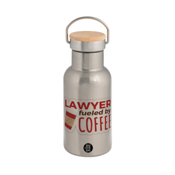 Lawyer fueled by coffee, Μεταλλικό παγούρι θερμός (Stainless steel) Ασημένιο με ξύλινο καπακι (bamboo), διπλού τοιχώματος, 350ml