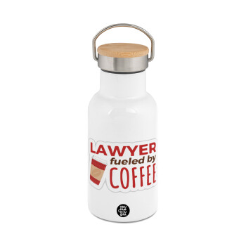 Lawyer fueled by coffee, Μεταλλικό παγούρι θερμός (Stainless steel) Λευκό με ξύλινο καπακι (bamboo), διπλού τοιχώματος, 350ml