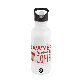 Lawyer fueled by coffee, White water bottle with straw, stainless steel 600ml