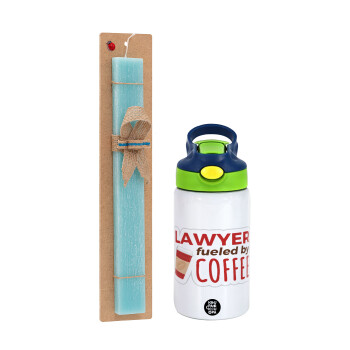 Lawyer fueled by coffee, Easter Set, Children's thermal stainless steel bottle with safety straw, green/blue (350ml) & aromatic flat Easter candle (30cm) (TURQUOISE)