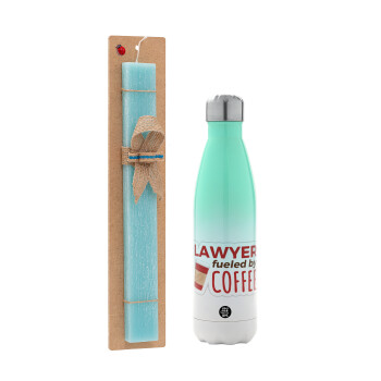 Lawyer fueled by coffee, Easter Set, Metallic green/white thermos (Stainless steel), double-walled, 500ml & scented flat Easter candle (30cm) (TURQUOISE)