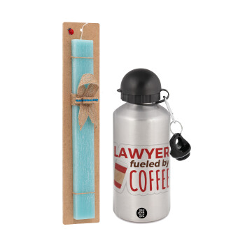 Lawyer fueled by coffee, Πασχαλινό Σετ, παγούρι μεταλλικό Ασημένιο αλουμινίου (500ml) & πασχαλινή λαμπάδα αρωματική πλακέ (30cm) (ΤΙΡΚΟΥΑΖ)