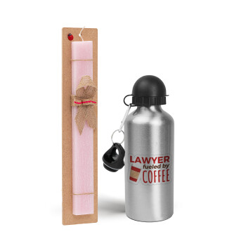 Lawyer fueled by coffee, Easter Set, metallic Silver aluminum water bottle (500ml) & scented flat Easter candle (30cm) (PINK)