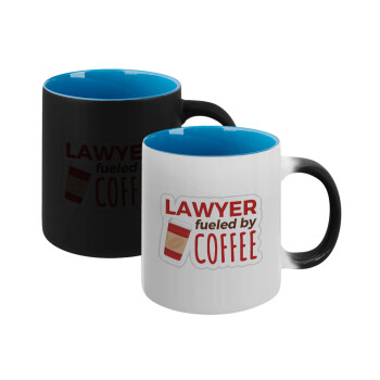 Lawyer fueled by coffee, Κούπα Μαγική εσωτερικό μπλε, κεραμική 330ml που αλλάζει χρώμα με το ζεστό ρόφημα