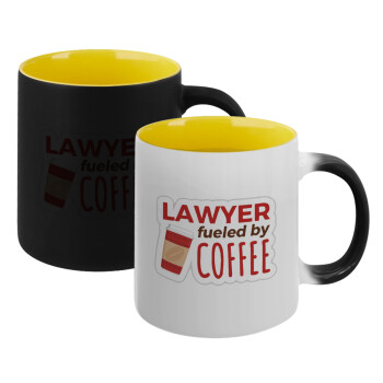 Lawyer fueled by coffee, Κούπα Μαγική εσωτερικό κίτρινη, κεραμική 330ml που αλλάζει χρώμα με το ζεστό ρόφημα (1 τεμάχιο)