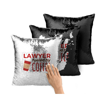Lawyer fueled by coffee, Μαξιλάρι καναπέ Μαγικό Μαύρο με πούλιες 40x40cm περιέχεται το γέμισμα