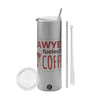 Lawyer fueled by coffee, Eco friendly stainless steel Silver tumbler 600ml, with metal straw & cleaning brush