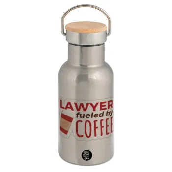 Lawyer fueled by coffee, Μεταλλικό παγούρι θερμός (Stainless steel) Ασημένιο με ξύλινο καπακι (bamboo), διπλού τοιχώματος, 350ml