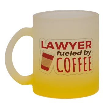 Lawyer fueled by coffee, Κούπα γυάλινη δίχρωμη με βάση το κίτρινο ματ, 330ml