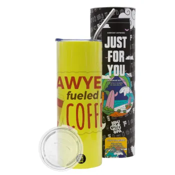 Lawyer fueled by coffee, Neon Yellow Travel Tumbler θερμό, μεταλλικό καλαμάκι(Ανωξείδωτο 304 Food grade, BPA free, 600ml)