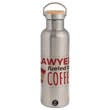 Lawyer fueled by coffee, Stainless steel Silver with wooden lid (bamboo), double wall, 750ml