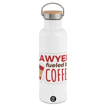 Lawyer fueled by coffee, Stainless steel White with wooden lid (bamboo), double wall, 750ml