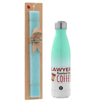 Lawyer fueled by coffee, Easter Set, Metallic green/white thermos (Stainless steel), double-walled, 500ml & scented flat Easter candle (30cm) (TURQUOISE)