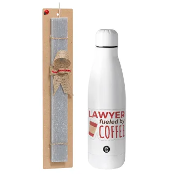 Lawyer fueled by coffee, Πασχαλινή Λαμπάδα με μεταλλικό παγούρι θερμός ανοξείδωτο (500ml) & κερί αρωματικό πλακέ (30cm) (ΓΚΡΙ)