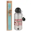 Easter Set, metallic silver aluminum water bottle (500ml) & scented flat Easter candle (30cm) (TURQUOISE)
