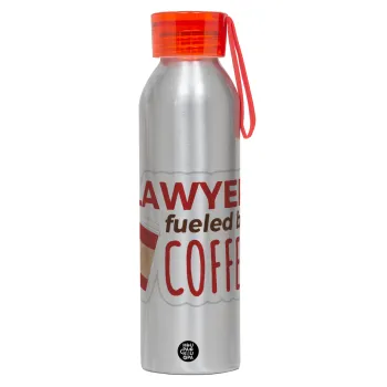 Lawyer fueled by coffee, Αλουμινένιο Αθλητικό Μπουκάλι 650ml – Ασημί με Κόκκινο Καπάκι και Λουράκι Σιλικόνης