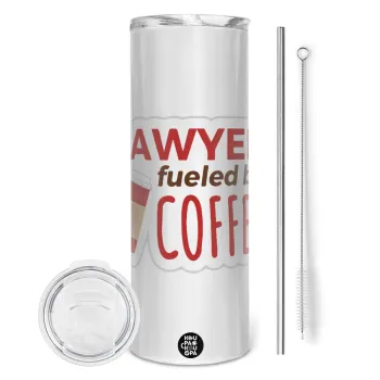 Lawyer fueled by coffee, Tumbler ποτήρι θερμό από ανοξείδωτο ατσάλι 600ml, με μεταλλικό καλαμάκι & βούρτσα καθαρισμού