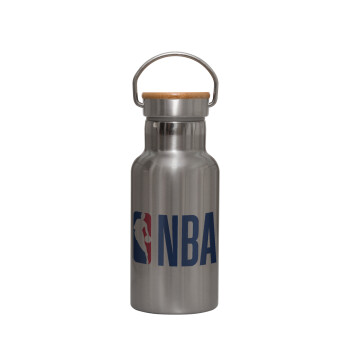 NBA Classic, Stainless steel metallic thermos flask, silver with a bamboo lid, double-walled, 350ml.