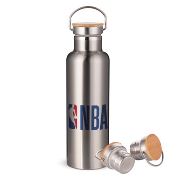 NBA Classic, Μεταλλικό παγούρι θερμός (Stainless steel) Ασημένιο με ξύλινο καπακι (bamboo), διπλού τοιχώματος, 750ml