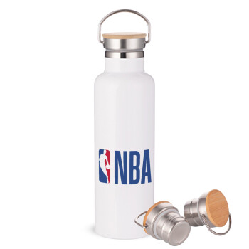 NBA Classic, Μεταλλικό παγούρι θερμός (Stainless steel) Λευκό με ξύλινο καπακι (bamboo), διπλού τοιχώματος, 750ml