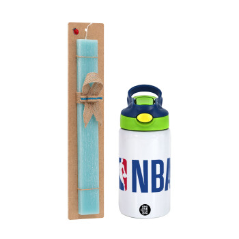 NBA Classic, Easter Set, Children's thermal stainless steel bottle with safety straw, green/blue (350ml) & aromatic flat Easter candle (30cm) (TURQUOISE)