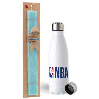 NBA Classic, Easter Set, metallic stainless steel water bottle (750ml) & aromatic flat Easter candle (30cm) (TURQUOISE)