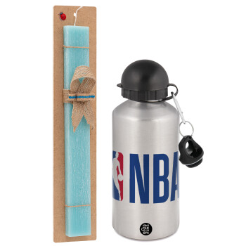 NBA Classic, Πασχαλινό Σετ, παγούρι μεταλλικό Ασημένιο αλουμινίου (500ml) & πασχαλινή λαμπάδα αρωματική πλακέ (30cm) (ΤΙΡΚΟΥΑΖ)