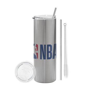 NBA Classic, Eco friendly ποτήρι θερμό Ασημένιο (tumbler) από ανοξείδωτο ατσάλι 600ml, με μεταλλικό καλαμάκι & βούρτσα καθαρισμού