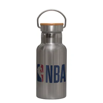 NBA Classic, Μεταλλικό παγούρι θερμός (Stainless steel) Ασημένιο με ξύλινο καπακι (bamboo), διπλού τοιχώματος, 350ml
